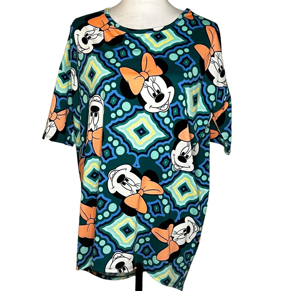 LuLaRoe Disney Minnie Mouse Irma Top Tunic Graphic Geometric Print Hi Low Hem‎